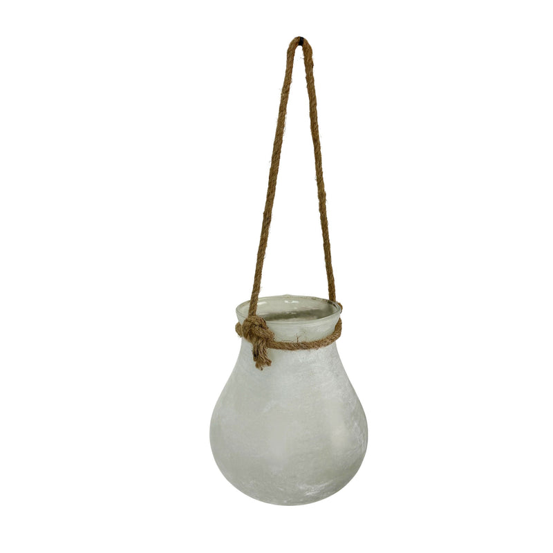 White - Image 2 - India House Frosted Glass Hanging Candle Lantern with Rope Handle, White Bulb-Shaped Decorative Candle