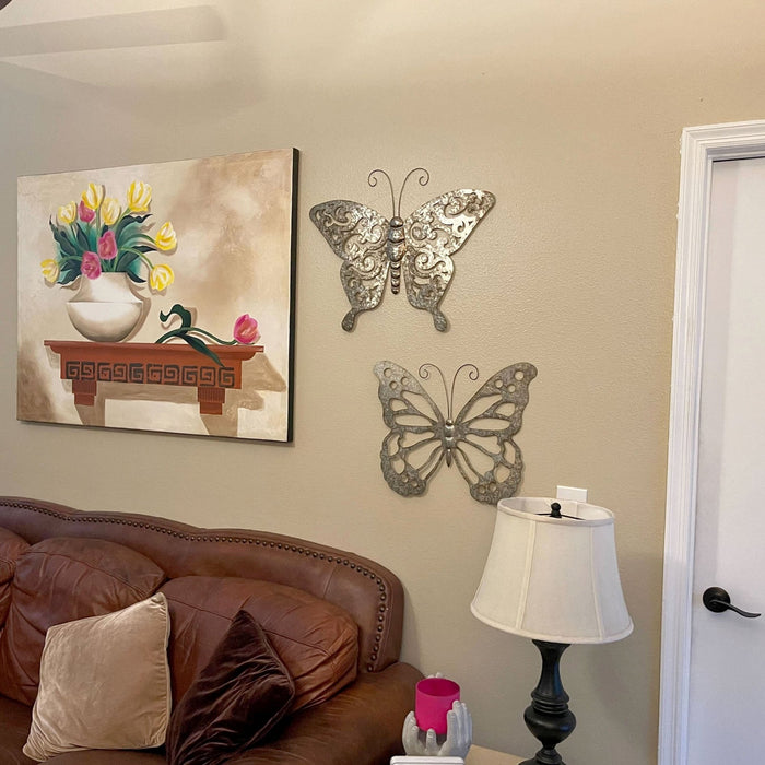 Enchanting Set of 2 Galvanized Grey Metal Butterfly Art Wall Sculptures: Elegant Indoor and Outdoor Decor with Delicate