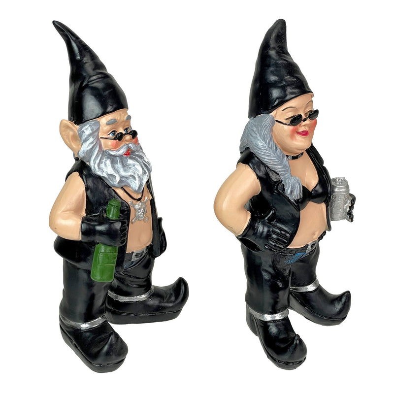 Gnoschitt and Gnofun Thirsty Biker Garden Gnome Statues 7.5 Inches High - Funny Indoor Outdoor Décor - Leather-Clad Yard,