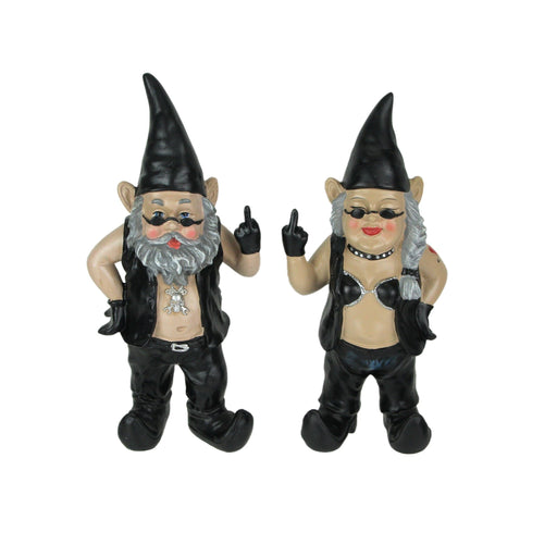 Gnoschitt and Gnofun: The Gnaughty Rebel Biker Gnome Couple - Unique 12.5-Inch High Rude Garden Gnome Statues - Fun Indoor