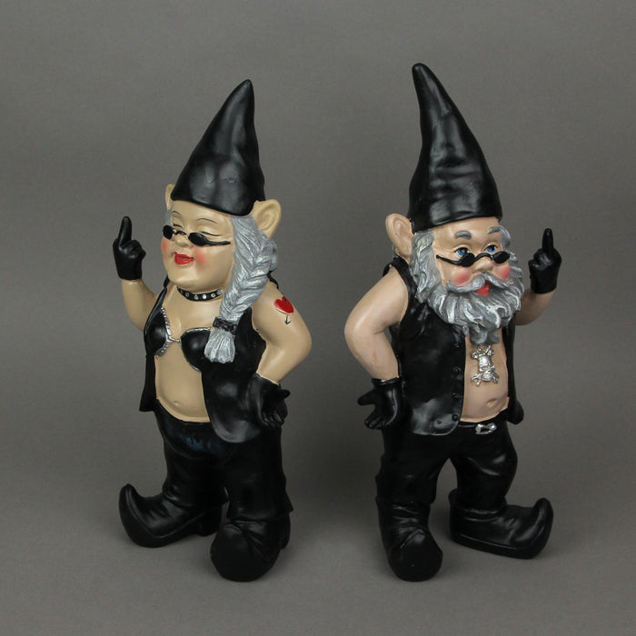 Gnoschitt and Gnofun: The Gnaughty Rebel Biker Gnome Couple - Unique 12.5-Inch High Rude Garden Gnome Statues - Fun Indoor