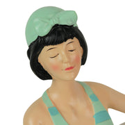 Graceful Brunette Retro Bathing Beauty Figurine – Sage Green & Light Blue Striped Swimsuit, Holding Beach Ball, Hand-Painted