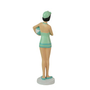Graceful Brunette Retro Bathing Beauty Figurine – Sage Green & Light Blue Striped Swimsuit, Holding Beach Ball, Hand-Painted