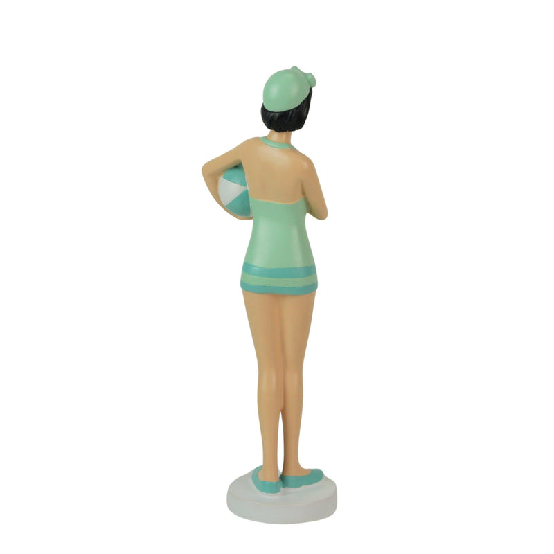 Graceful Brunette Retro Bathing Beauty Figurine – Sage Green & Light Blue Striped Swimsuit, Holding Beach Ball, Hand-Painted