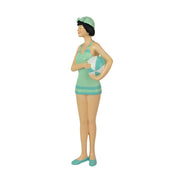 Graceful Brunette Retro Bathing Beauty Figurine – Sage Green & Light Blue Striped Swimsuit, Holding Beach Ball, Hand-Painted
