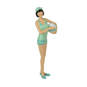 Graceful Brunette Retro Bathing Beauty Figurine – Sage Green & Light Blue Striped Swimsuit, Holding Beach Ball, Hand-Painted