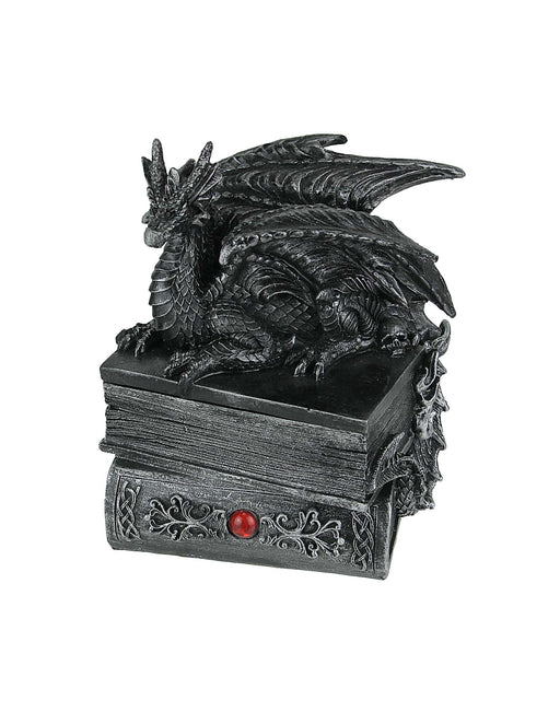 Guardian of Bibliophiles Stone Finish Dragon on Books Resin Trinket Box with Hidden Compartment - Gothic Medieval Dresser