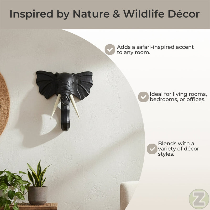 Hand-Carved Black Wood Elephant Head Wall Hanging Sculpture: A Majestic 12-Inch High Safari Art Piece, Meticulously Crafted