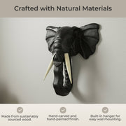 Hand-Carved Black Wood Elephant Head Wall Hanging Sculpture: A Majestic 12-Inch High Safari Art Piece, Meticulously Crafted