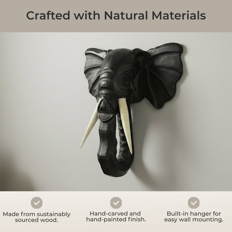 Hand-Carved Black Wood Elephant Head Wall Hanging Sculpture: A Majestic 12-Inch High Safari Art Piece, Meticulously Crafted