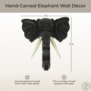 Hand-Carved Black Wood Elephant Head Wall Hanging Sculpture: A Majestic 12-Inch High Safari Art Piece, Meticulously Crafted