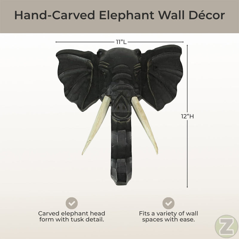 Hand-Carved Black Wood Elephant Head Wall Hanging Sculpture: A Majestic 12-Inch High Safari Art Piece, Meticulously Crafted