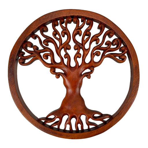 Hand Carved Mahogany Tree Of Life Wood Wall Plaque - 11.5 Inches in Diameter - Boho Style Image 1