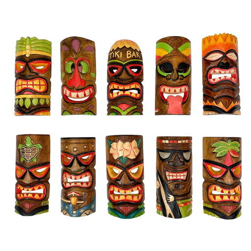 Set of 10 Hand-Carved Wood Polynesian Design Hawaiian Tiki Wall Hanging Masks - Exquisite 10-Inch High Masks for Vibrant