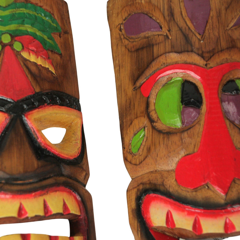 Set of 10 Hand-Carved Wood Polynesian Design Hawaiian Tiki Wall Hanging Masks - Exquisite 10-Inch High Masks for Vibrant