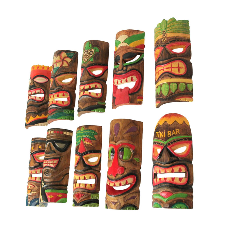 Set of 10 Hand-Carved Wood Polynesian Design Hawaiian Tiki Wall Hanging Masks - Exquisite 10-Inch High Masks for Vibrant
