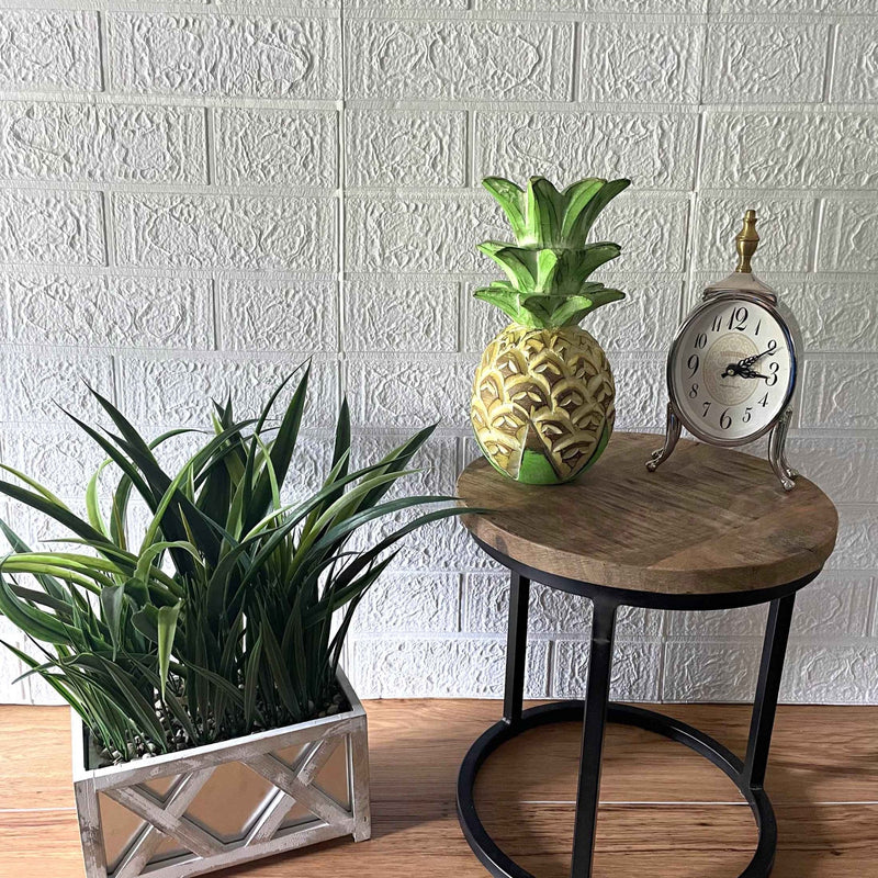 Hand-Painted Wooden Pineapple Sculpture – 9.75" High, Green, Beige, Brown Finish – Rustic Tropical Decor, Hand-Carved