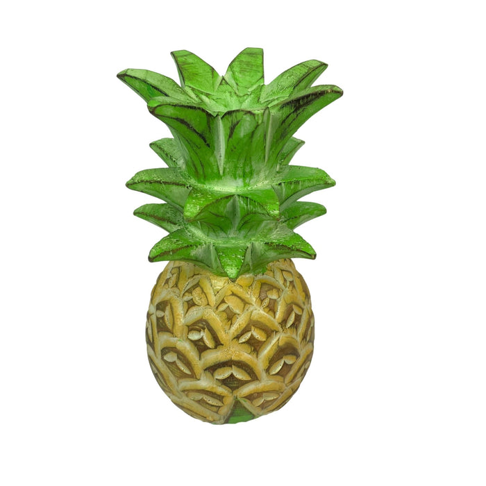 Hand-Painted Wooden Pineapple Sculpture – 9.75" High, Green, Beige, Brown Finish – Rustic Tropical Decor, Hand-Carved