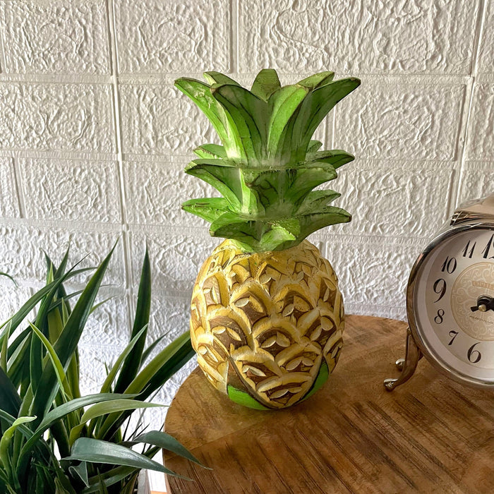 Hand-Painted Wooden Pineapple Sculpture – 9.75" High, Green, Beige, Brown Finish – Rustic Tropical Decor, Hand-Carved