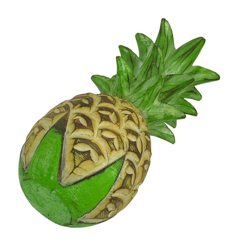 Hand-Painted Wooden Pineapple Sculpture – 9.75" High, Green, Beige, Brown Finish – Rustic Tropical Decor, Hand-Carved