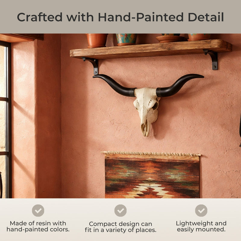 Handcrafted 20-Inch Black & Bone Longhorn Trophy Skull Wall Sculpture - Realistic Faux Steer Head with Intricate Detailing,
