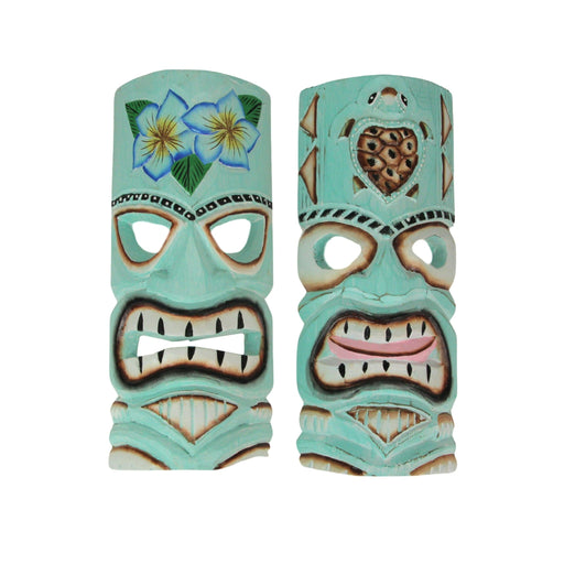 Handcrafted Aqua Blue Tiki Wall Masks Set – Hibiscus Flower & Sea Turtle Design, 12"x5"x2" – Vibrant Tropical Decor, Artisan