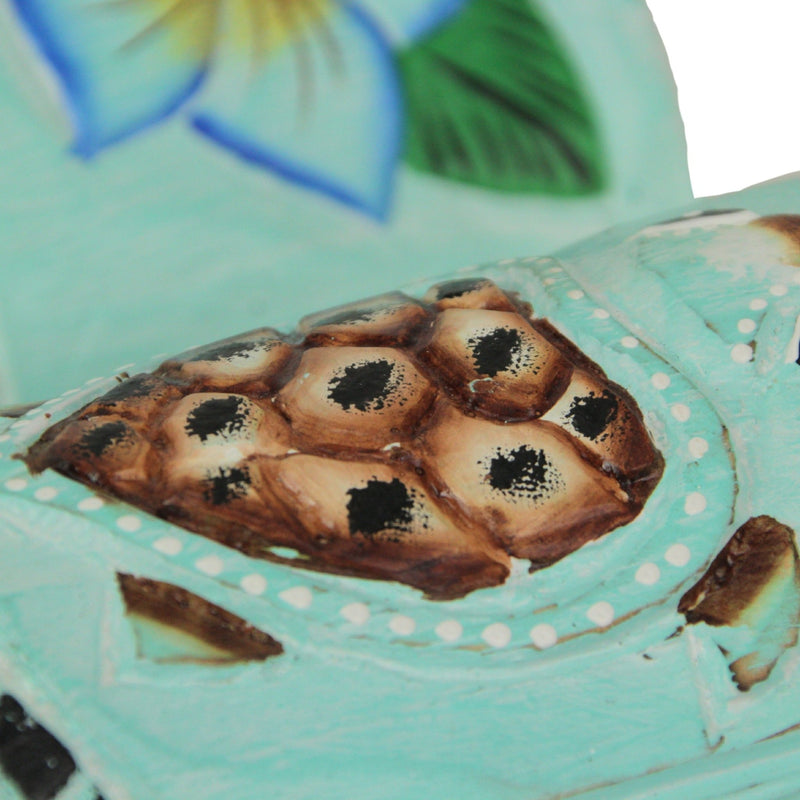 Handcrafted Aqua Blue Tiki Wall Masks Set – Hibiscus Flower & Sea Turtle Design, 12"x5"x2" – Vibrant Tropical Decor, Artisan