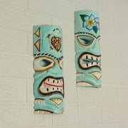 Handcrafted Aqua Blue Tiki Wall Masks Set – Hibiscus Flower & Sea Turtle Design, 12"x5"x2" – Vibrant Tropical Decor, Artisan