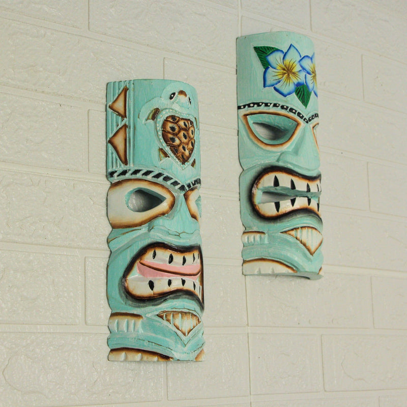 Handcrafted Aqua Blue Tiki Wall Masks Set – Hibiscus Flower & Sea Turtle Design, 12"x5"x2" – Vibrant Tropical Decor, Artisan