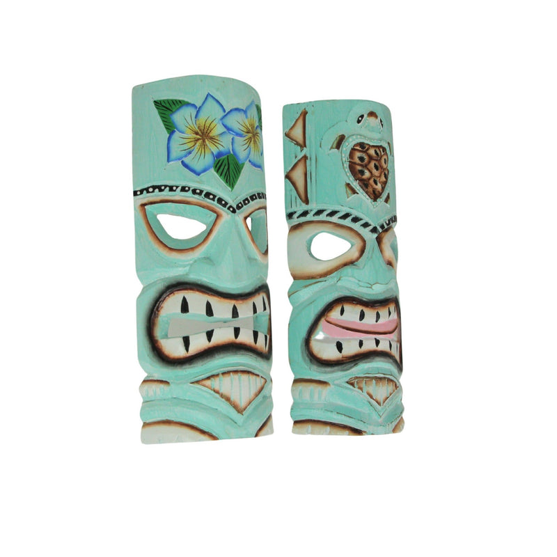 Handcrafted Aqua Blue Tiki Wall Masks Set – Hibiscus Flower & Sea Turtle Design, 12"x5"x2" – Vibrant Tropical Decor, Artisan