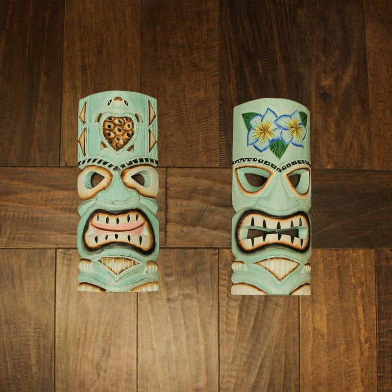 Handcrafted Aqua Blue Tiki Wall Masks Set – Hibiscus Flower & Sea Turtle Design, 12"x5"x2" – Vibrant Tropical Decor, Artisan