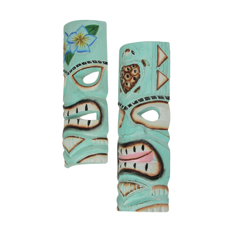 Handcrafted Aqua Blue Tiki Wall Masks Set – Hibiscus Flower & Sea Turtle Design, 12"x5"x2" – Vibrant Tropical Decor, Artisan