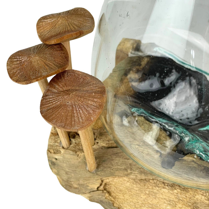 Handcrafted Glass and Teak Driftwood Vase with Wood Mushroom Embellishments, 7.25" High – Unique Sculptural Planter for Home,
