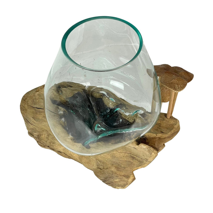 Handcrafted Glass and Teak Driftwood Vase with Wood Mushroom Embellishments, 7.25" High – Unique Sculptural Planter for Home,