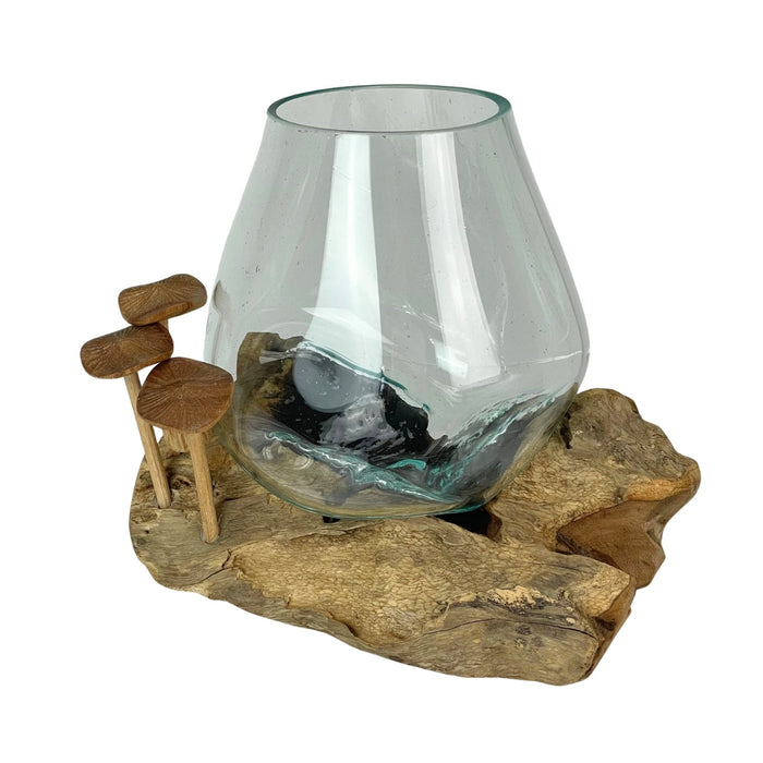 Handcrafted Glass and Teak Driftwood Vase with Wood Mushroom Embellishments, 7.25" High – Unique Sculptural Planter for Home,
