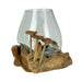 Handcrafted Glass and Teak Driftwood Vase with Wood Mushroom Embellishments, 7.25" High – Unique Sculptural Planter for Home,