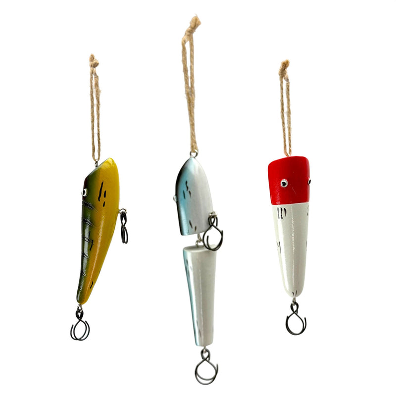 Things2Die4 Hanging Fishing Lure Ornaments Set of 3, Hand Painted Resin Nautical Decor with Jute Hanging Cords, Glossy