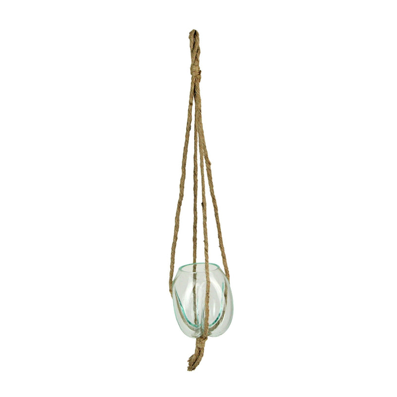 Hanging Molten Glass Vase with Jute Rope – 20.25" High, 4" Diameter, 5" High Bowl – Modern and Rustic Home Décor Accent for