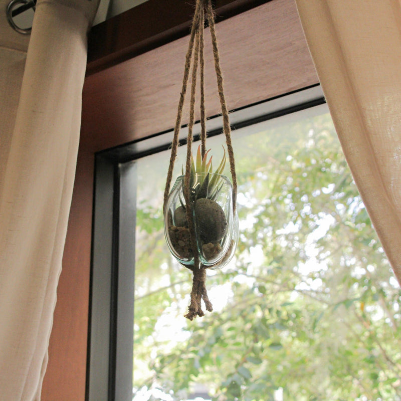 Hanging Molten Glass Vase with Jute Rope – 20.25" High, 4" Diameter, 5" High Bowl – Modern and Rustic Home Décor Accent for