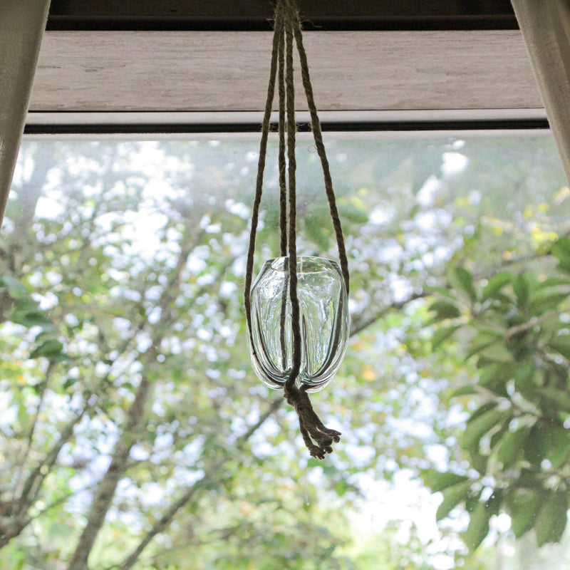 Hanging Molten Glass Vase with Jute Rope – 20.25" High, 4" Diameter, 5" High Bowl – Modern and Rustic Home Décor Accent for
