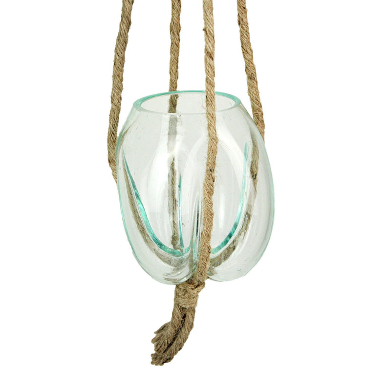 Hanging Molten Glass Vase with Jute Rope – 20.25" High, 4" Diameter, 5" High Bowl – Modern and Rustic Home Décor Accent for