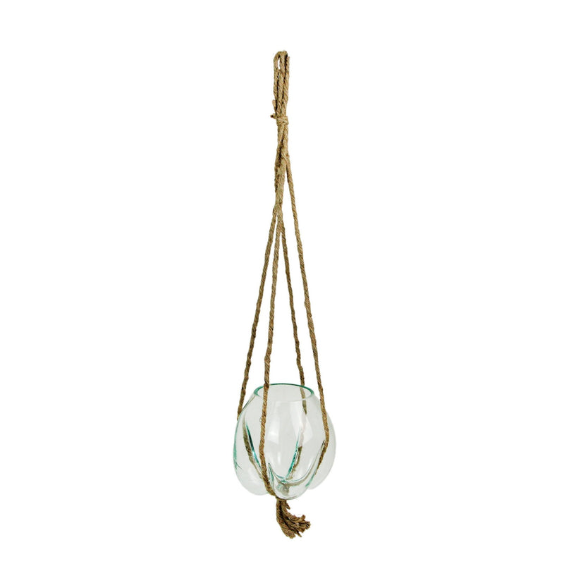 Hanging Molten Glass Vase with Jute Rope – 25" High, 6" Diameter, 5" High Bowl – Modern and Rustic Home Décor Accent for