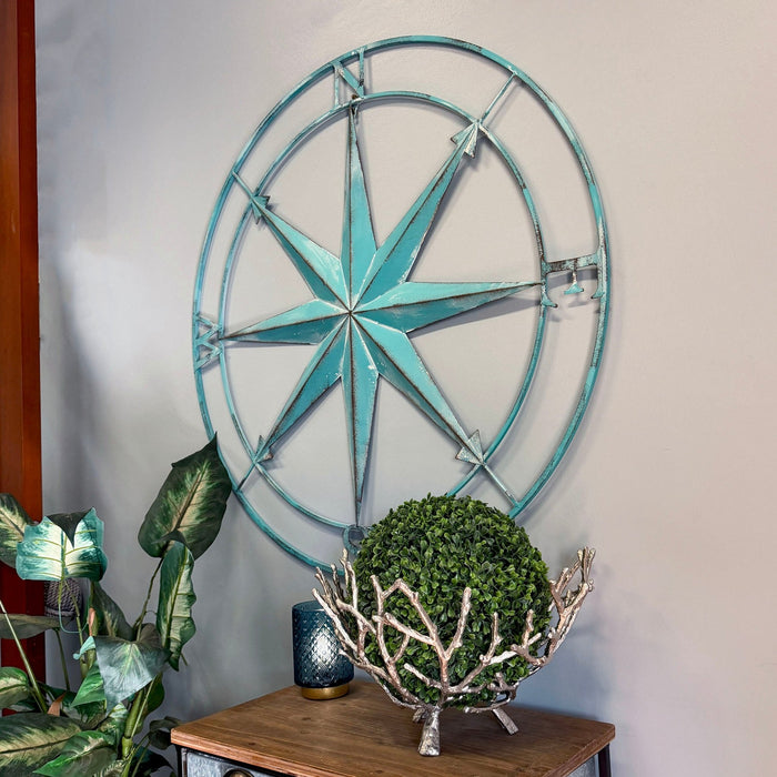Aqua - Image 5 - Zeckos 39 Inch Aqua Metal Compass Rose Wall Decor, Large Distressed Nautical Wind Rose Wall Sculpture with