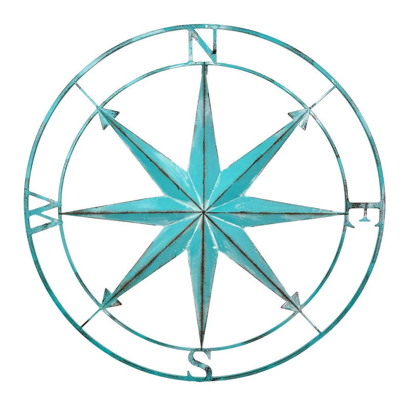 Aqua - Image 1 - Zeckos 39 Inch Aqua Metal Compass Rose Wall Decor, Large Distressed Nautical Wind Rose Wall Sculpture with