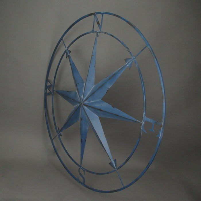 Blue - Image 2 - Aegean Blue Distressed Finish Large Metal Nautical Compass Rose Wall Art Sculpture - Beautiful Coastal