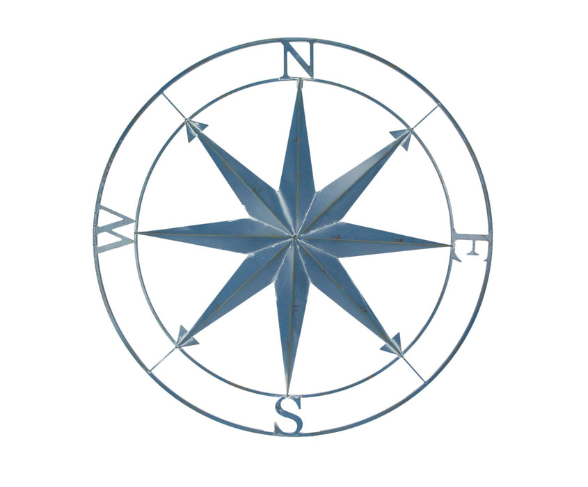 Blue - Image 1 - Aegean Blue Distressed Finish Large Metal Nautical Compass Rose Wall Art Sculpture - Beautiful Coastal