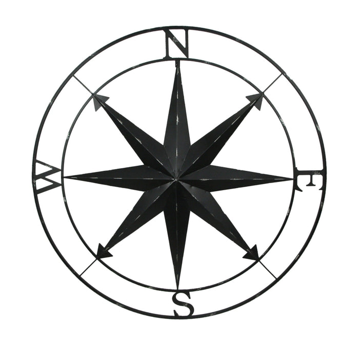 Black - Image 1 - Large Black Nautical Compass Rose Metal Wall Decor | 39.5” Indoor Outdoor Rustic Maritime Accent |
