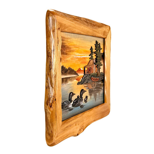 Intarsia Loon Family Wood Wall Sculpture, 25.5 x 29.5 Inch Rustic Live Edge Framed Lake Cabin Decor, Handcrafted Brown Glossy