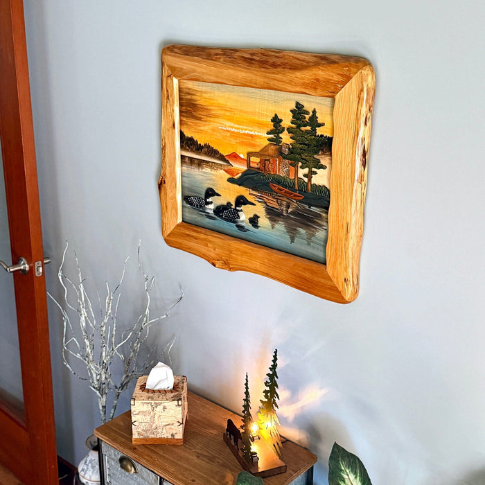 Intarsia Loon Family Wood Wall Sculpture, 25.5 x 29.5 Inch Rustic Live Edge Framed Lake Cabin Decor, Handcrafted Brown Glossy