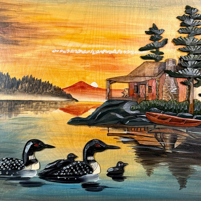 Intarsia Loon Family Wood Wall Sculpture, 25.5 x 29.5 Inch Rustic Live Edge Framed Lake Cabin Decor, Handcrafted Brown Glossy